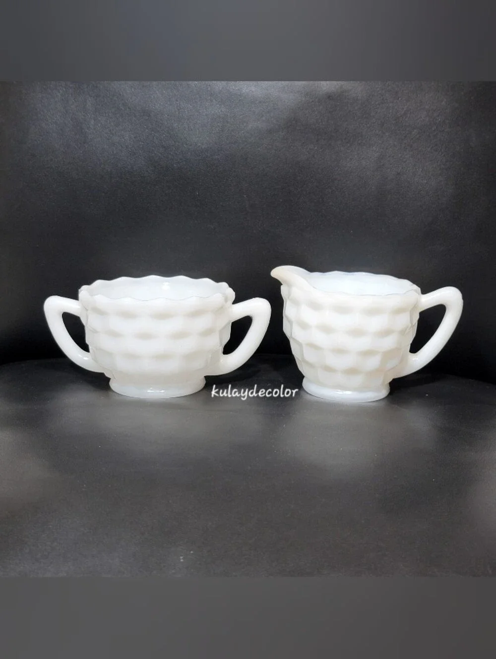 Vintage Jeannette White Milk Glass Creamer & Open Sugar Bowl Set Diamond Quilt